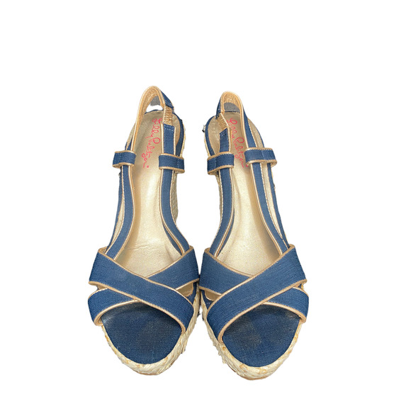 Lilly Pulitzer | Shoes | Lilly Pulitzer Navy And Gold Espadrille Open Toe Wedges  Sandals Size 9 | Poshmark